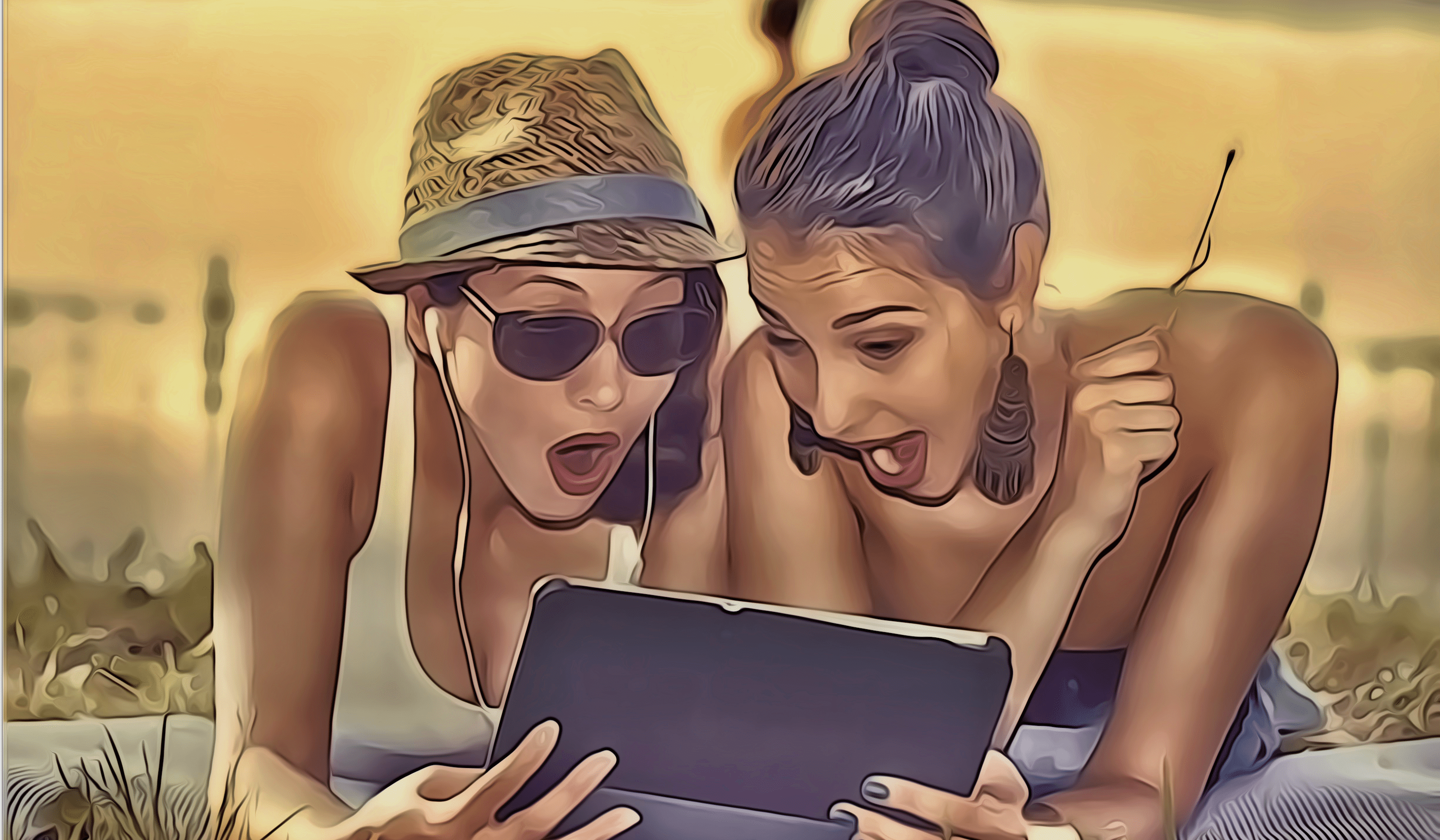 Two girls at the beach seemingly shocked by what's on their iPad