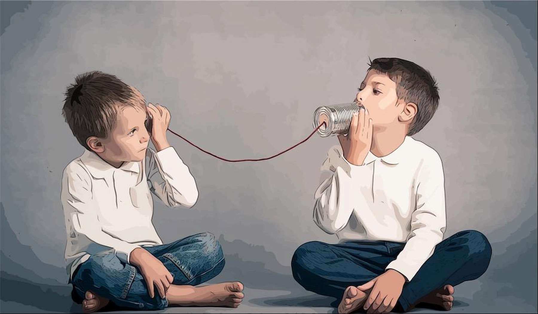 Two kids in communication via tin cans and string